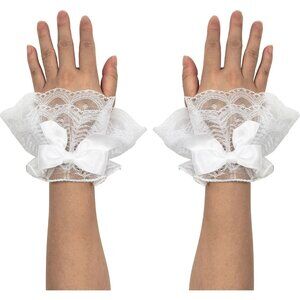 Women's Short Lace Cuffs White Bow Hand Sleeves Gloves Halloween Accessories